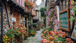 Una estrecha calle adoquinada flanqueada por edificios tradicionales con entramado de madera, un letrero con texto y coloridos arreglos florales.
