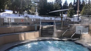 A hot tub with a circular design, surrounded by a metal railing and steps leading up to it. - Slopeside ski in/out stylish 2BR/2BA HotTub & Pool (Whistler)