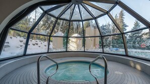 Piscina interna com teto de vidro, rodeada por árvores cobertas de neve e piso de azulejos.