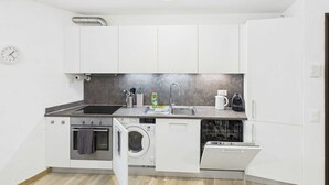 A compact kitchen with a sink, stove, oven, and built-in washing machine. - 2Curio Court House Charming Lodge (Curio)
