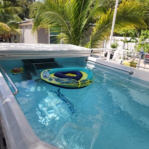 En swimmingpool med en blå og gul oppustelig ring, omgivet af palmer og et overdækket område.