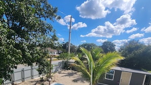 A backyard with a swimming pool, a palm tree, and a small shed. - Cozy 1-bedroom studio in pleasant hollywood with AC (West Park)