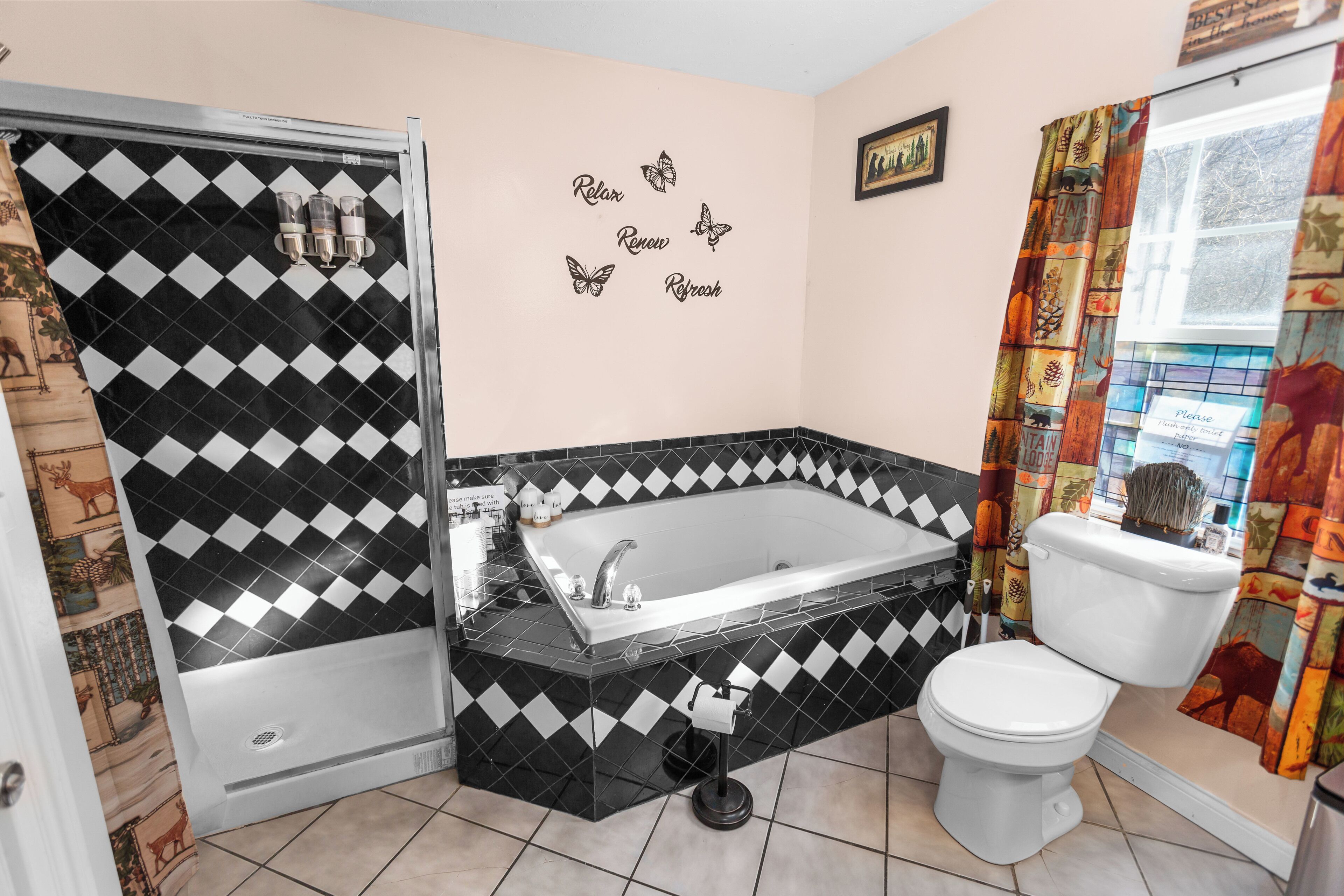 Jetted bath, hair dryer, towels, soap