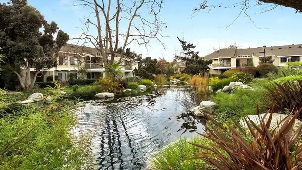 Un giardino tranquillo con un piccolo stagno, circondato da vegetazione rigogliosa e alberi.