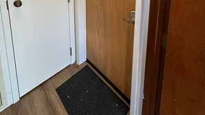 A hallway with a white door marked with the number 5, a wooden door, and a black doormat. - Fun & Functional Studio Apt (Bay City)