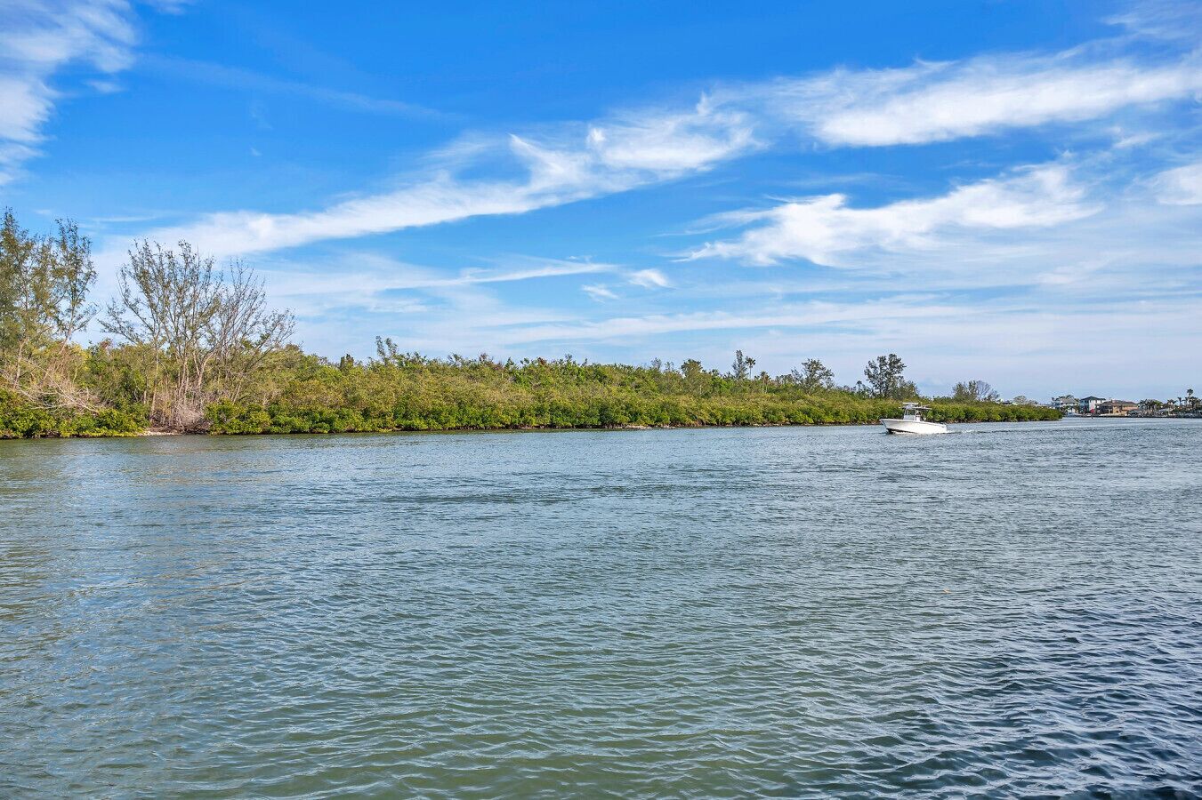 A calm river with a boat on the right and dense greenery along the riverbank.