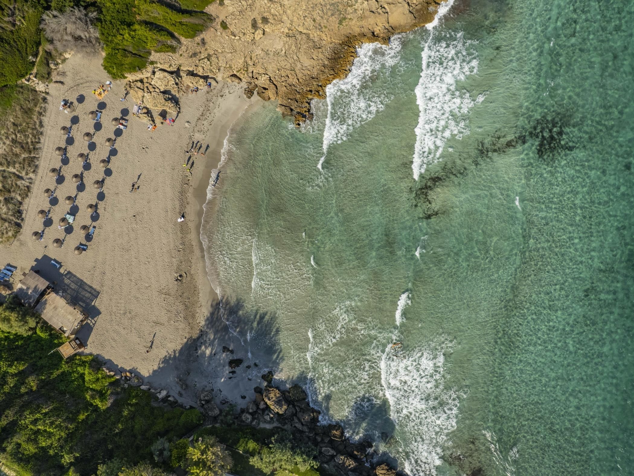 An aerial view of a beach with rows of umbrellas and a few structures.