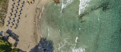 An aerial view of a beach with rows of umbrellas and a few structures.