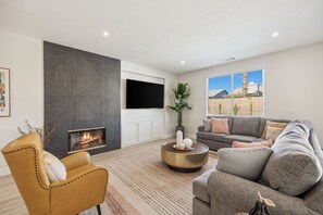 Smart TV, fireplace, foosball, table tennis