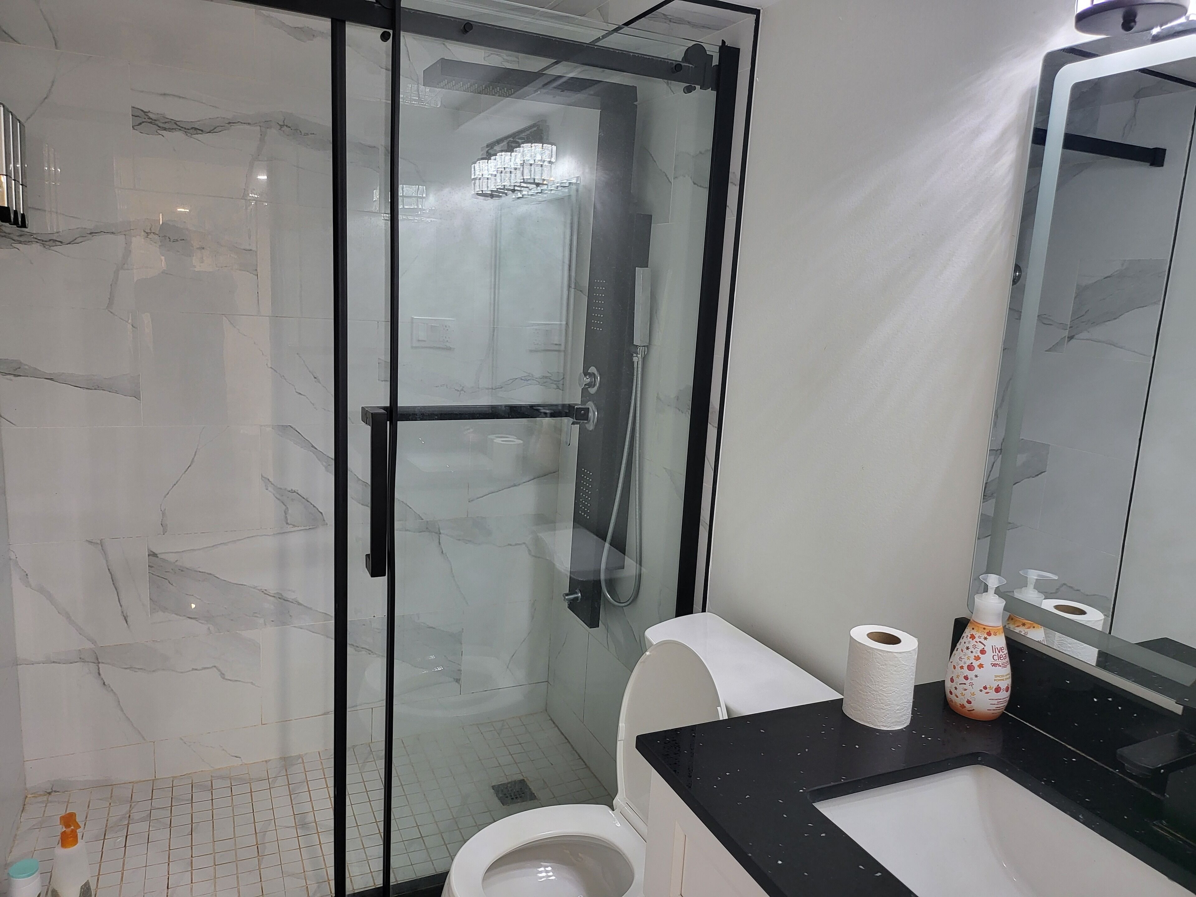Douche, sèche-cheveux, serviettes fournies, savon