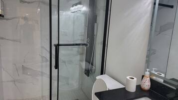 Douche, sèche-cheveux, serviettes fournies, savon