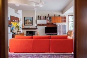 Smart TV, fireplace, books, printers