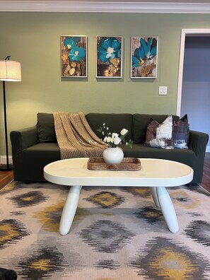 TV, fireplace, books
