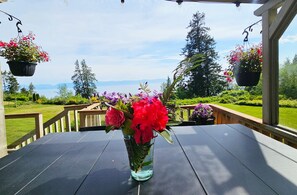 Ein Tisch mit Blumen in einer Vase, Blick auf einen Garten und hängende Pflanzgefäße.