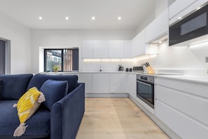 Huoneisto, 1 parisänky ja vuodesohva, patio, kaupunkinäköala (Flat 1-4) | Yksityinen keittiö | Jääkaappi, mikroaaltouuni, uuni, liesi