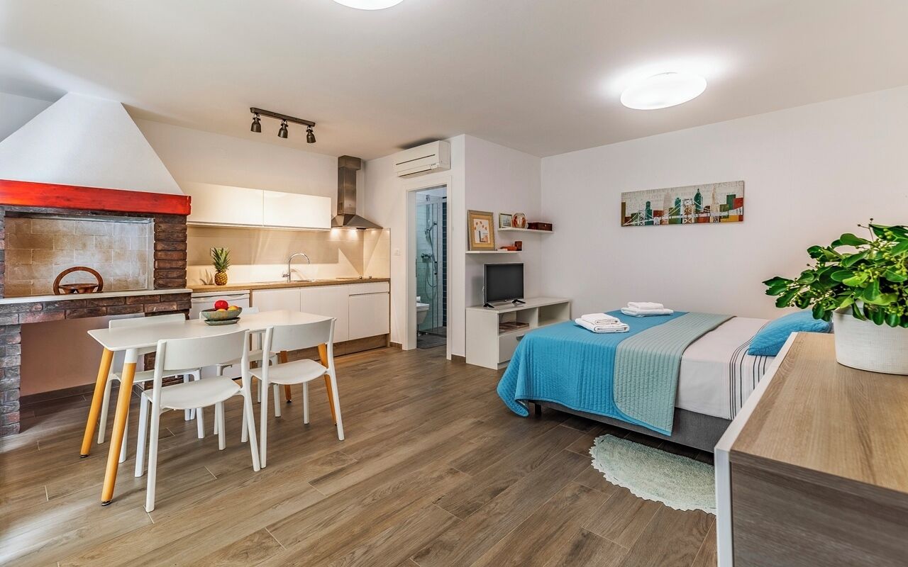 Un espai habitable compacte amb petita cuina, zona de dinar, llit i un televisió.
