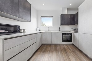 Appartement, 2 tweepersoonsbedden, patio, uitzicht op stad (The Hyde - Apt 4) | Privékeuken | Een oven, een kookplaat, een koffiezetapparaat/waterkoker, eettafels