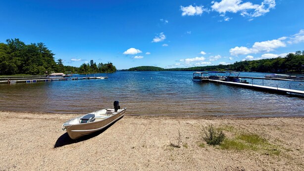 Un lago tranquilo con barcos amarrados al muelle, rodeado de árboles.