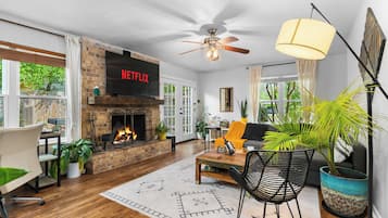 Smart TV, fireplace, stereo, computer monitors