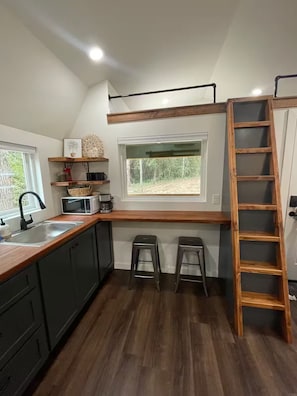 Fridge, microwave, stovetop, coffee/tea maker