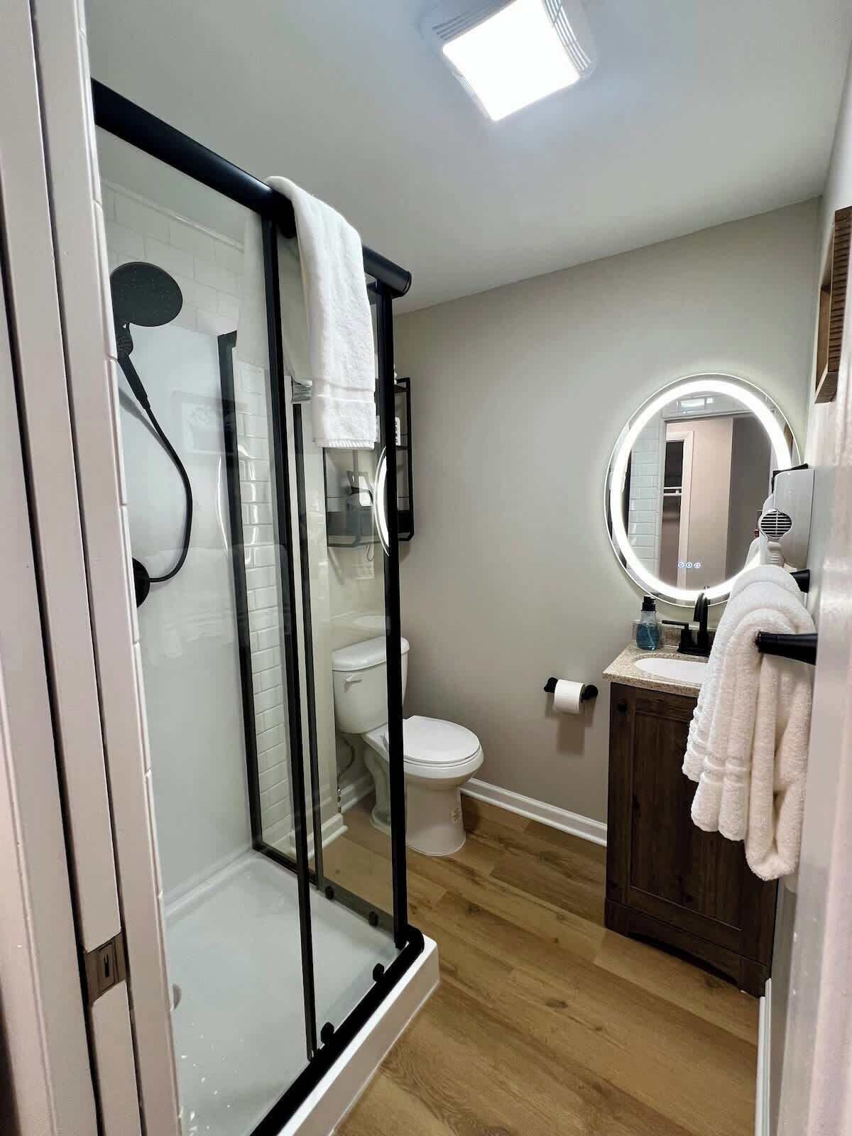 Shower, hair dryer, towels