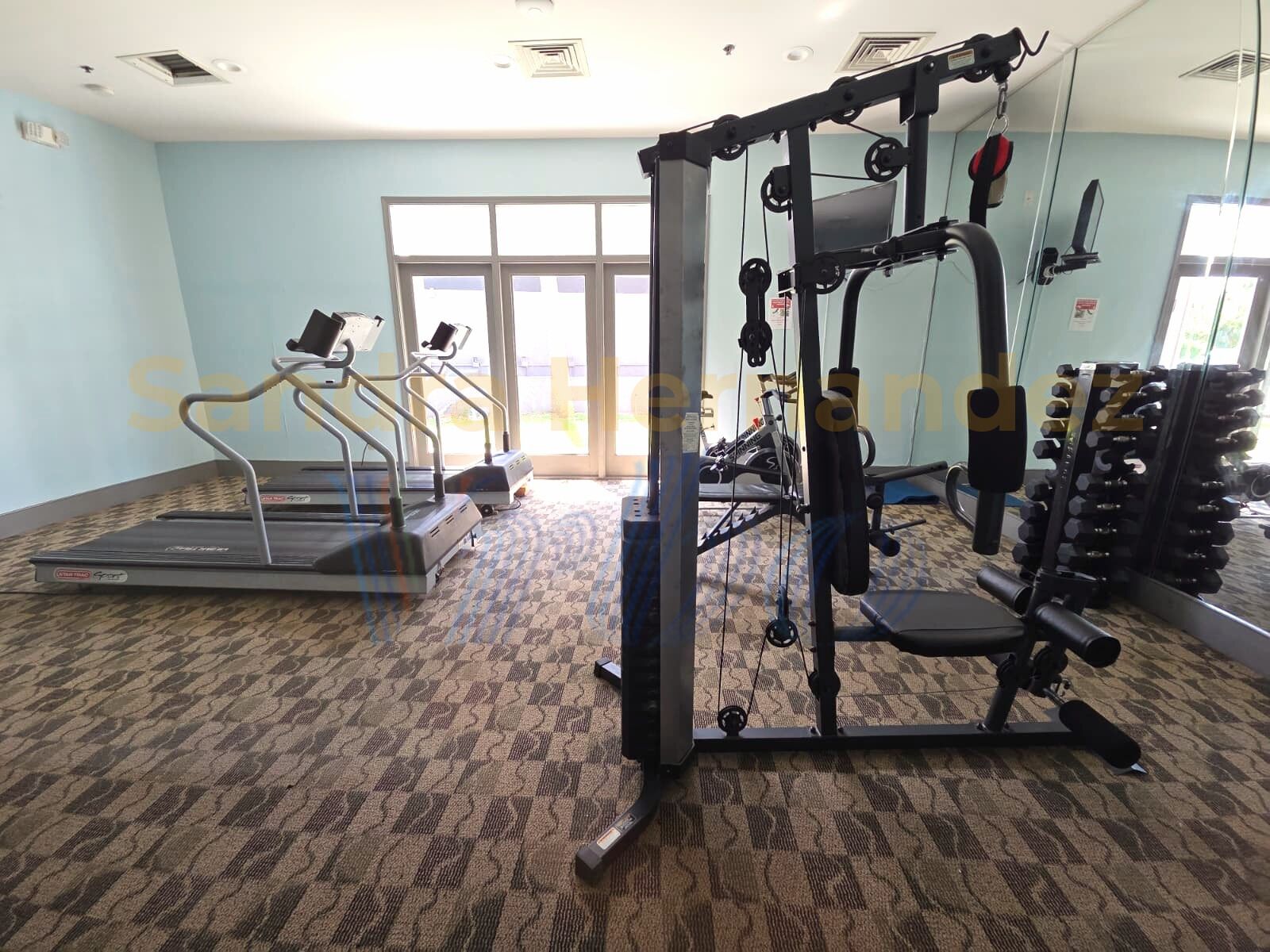 A gym with treadmills, a weight machine, and a rack of dumbbells.