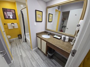 Hair dryer, towels, soap, toilet paper