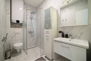 Shower, hair dryer, soap