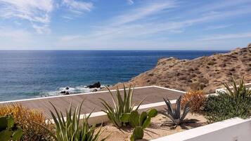 A coastal view with a wooden deck, cacti, and a sandy landscape.