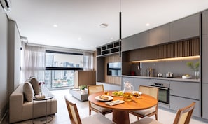 Family Apartment | Private kitchen | Full-size fridge, oven, stovetop, coffee/tea maker