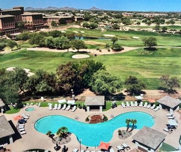 Resort style pool, heated salt water, lots of lounge and sitting areas
