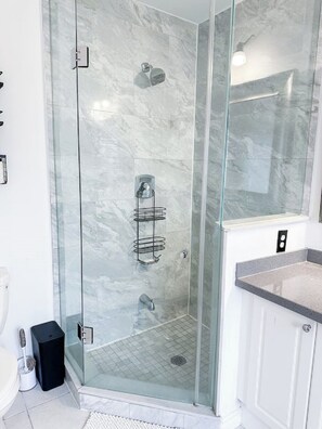 Shower, hair dryer, bidet, towels