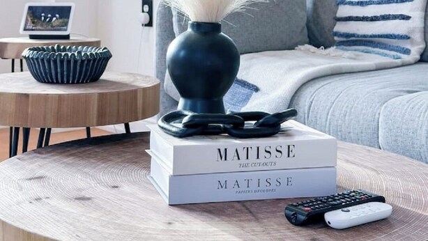 Ein modernes Wohnzimmer mit einem runden Holztisch, einer Vase mit weißen Federn, einem Stapel Bücher mit dem Titel 'MATISSE' und einer Fernbedienung.