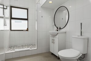 Regadera, secadora de cabello, toallas, shampoo 