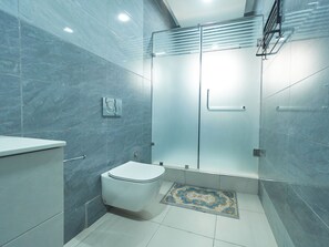 Shower, towels, soap, toilet paper
