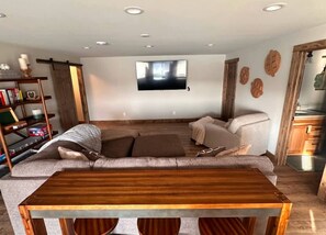 Smart TV, fireplace, books