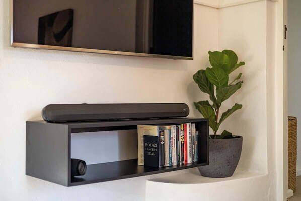A black shelf with a flat-screen TV above it, a potted plant to the right, and a row of books on the shelf.