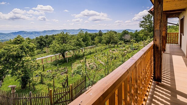 A balcony with a wooden railing overlooking a vineyard and distant mountains. - Hidden Authentic Haven Apartments - Two Bedroom Apartment with Balcony (Sevnica)
