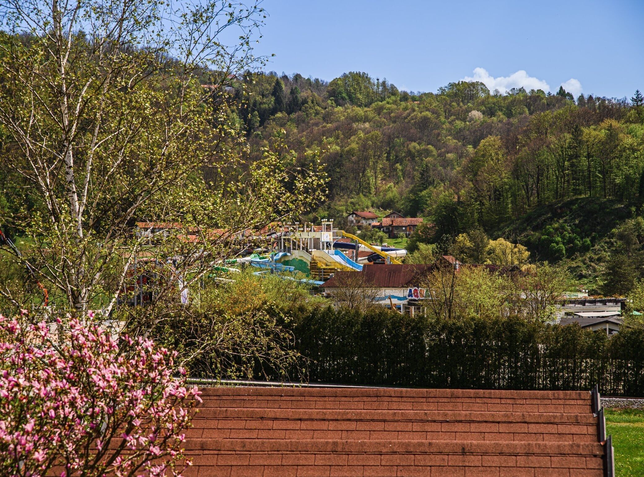 Een woonwijk met een speeltuin, inclusief glijbanen en een klimconstructie, omringd door bomen en huizen.