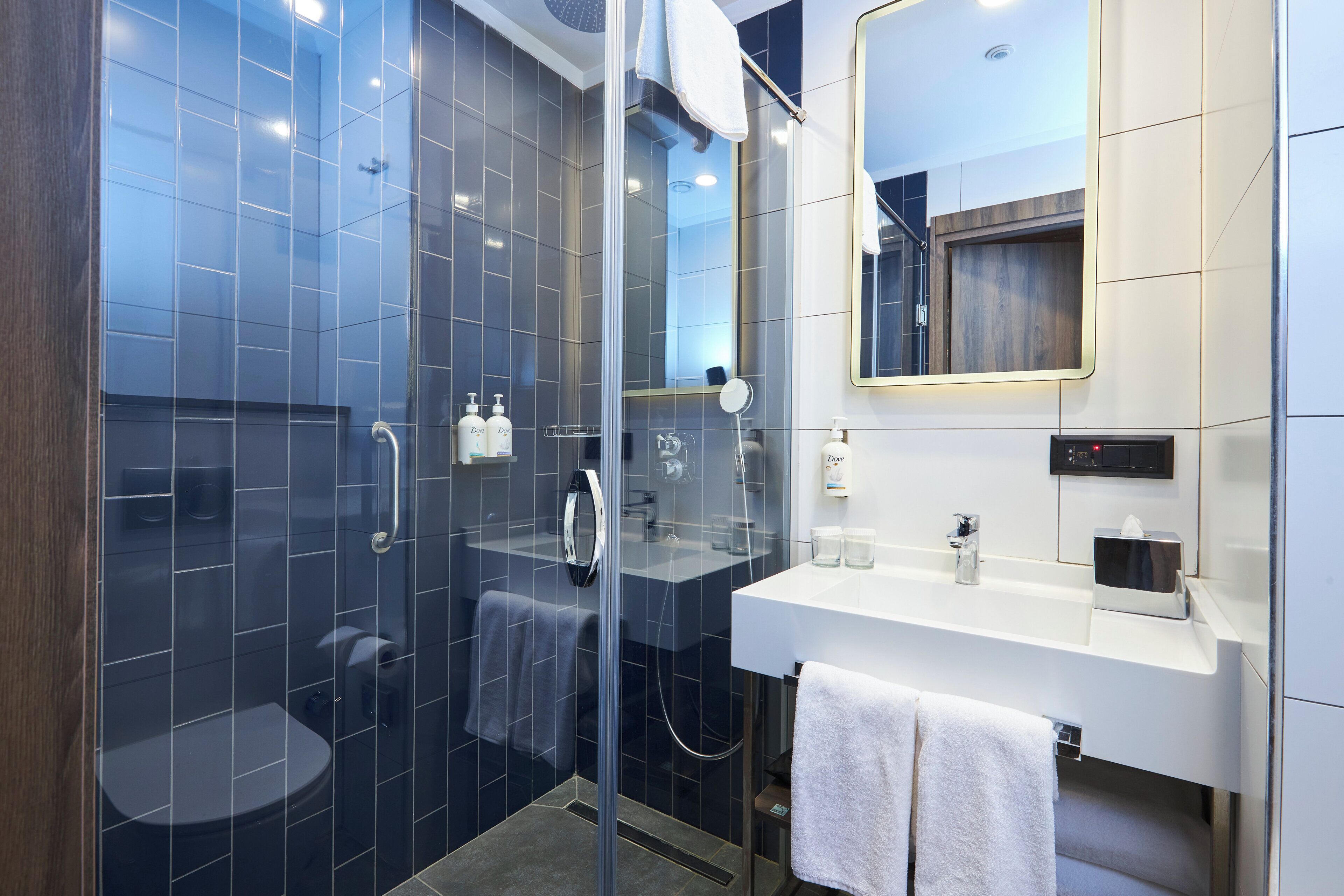 Une salle de bain moderne avec une douche à parois de verre, un lavabo blanc et un grand miroir.