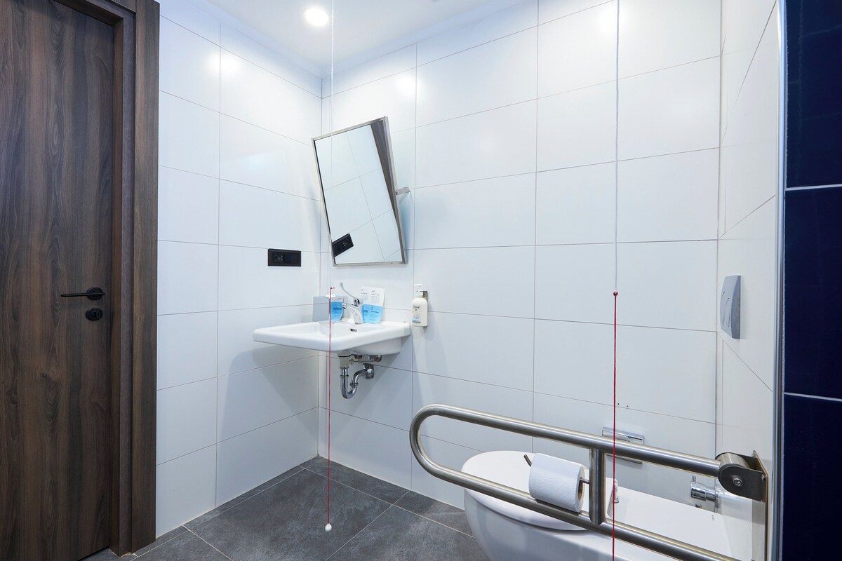 A modern bathroom with a wooden door, a white sink, a mirror, and a toilet with a handrail.