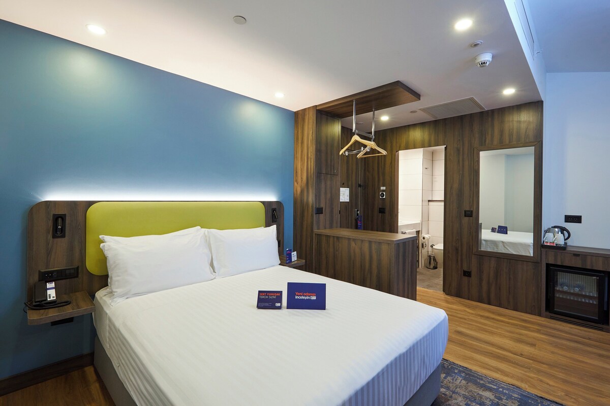 A hotel room with a bed, a desk, a mirror, and a hanging coat rack.