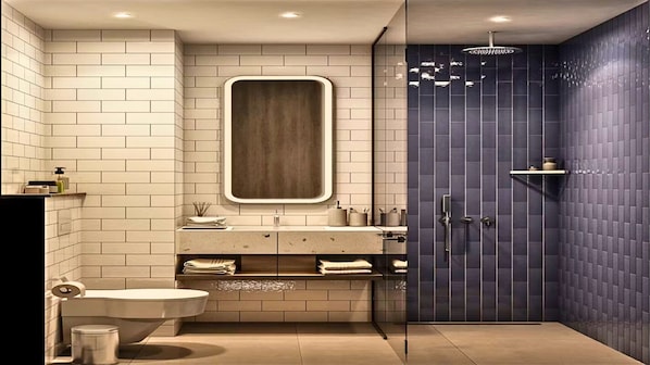 Dusche, Regendusche, Haartrockner, Hausschuhe