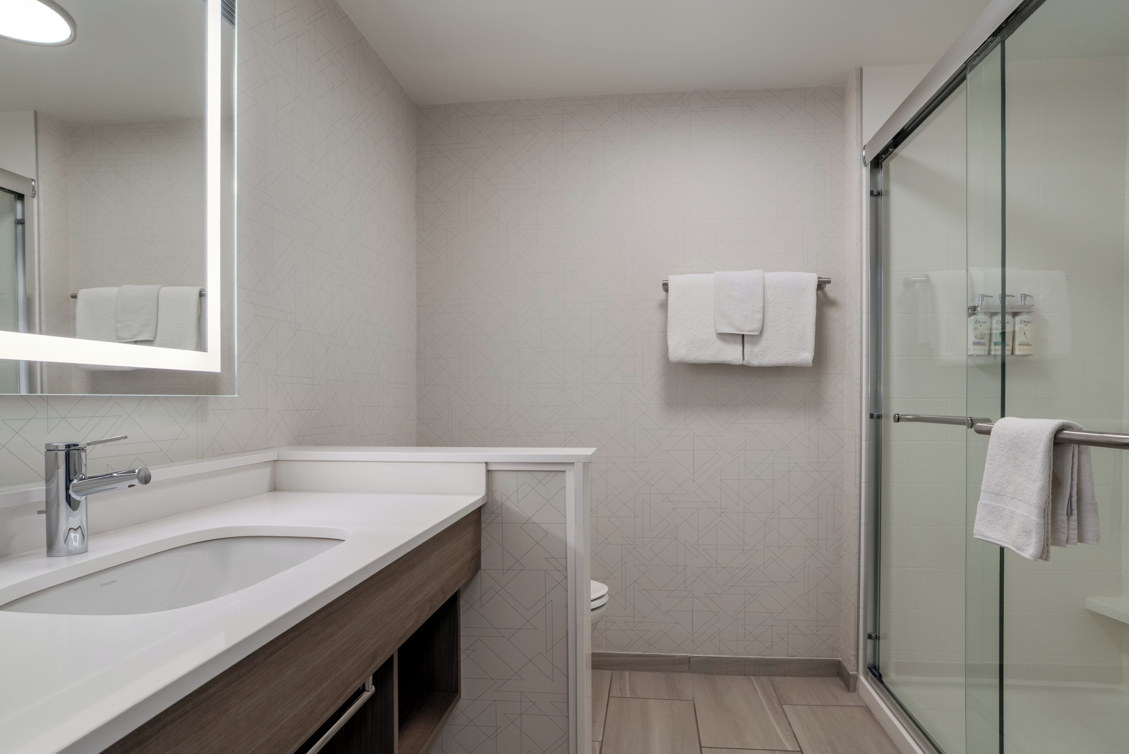 Une salle de bain moderne avec un grand miroir, un lavabo, des toilettes et une douche à parois de verre.