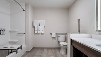 Hair dryer, towels, soap, shampoo