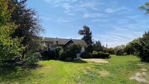 Une maison dotée d’une pelouse bien entretenue, entourée d’arbres et d’arbustes.