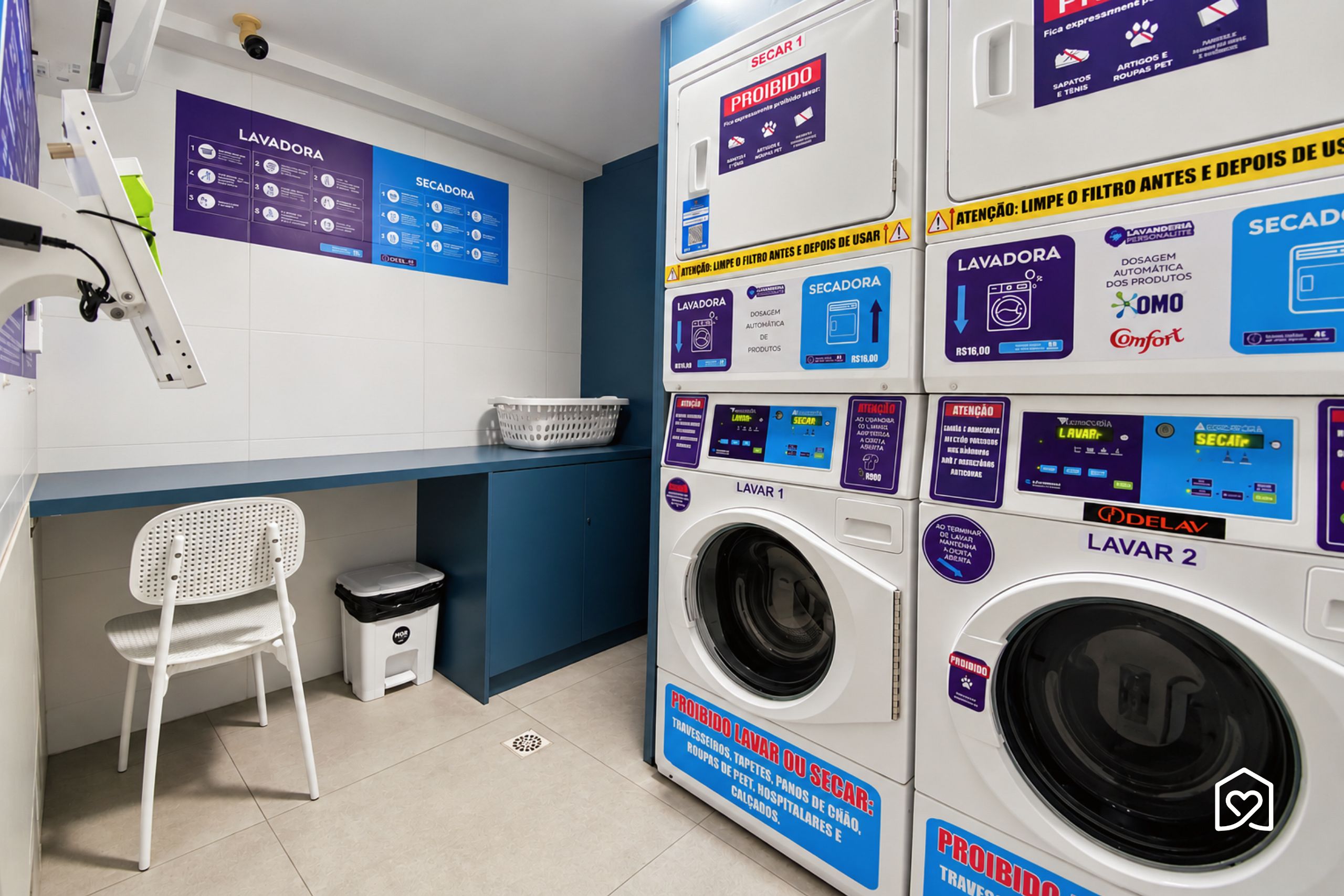 A laundry facility with multiple washing machines and dryers, a chair, and a trash bin.