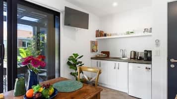 Fridge, microwave, coffee/tea maker, toaster