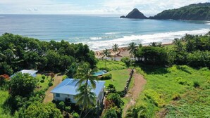 Une propriété située sur la côte, offrant une vue sur l’océan, une plage et une végétation luxuriante.