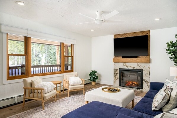 TV connectée, cheminée, livres, écrans d'ordinateur